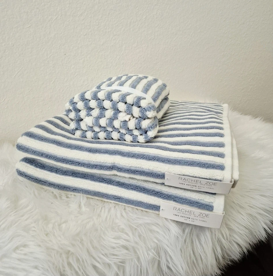 Juego de toallas de baño Rachel Zoe 4 piezas (2 baños + 2 toallas de mano) blanco y azul claro NUEVO Foto 1 de 4