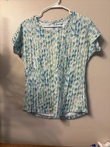 Orvis Womens Blue White Geo Print Round Neck Hi Low Hem Stretch Knit Top Size S - Picture 1 of 3