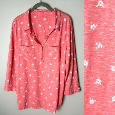 Women's Blouse Plus Size 1X Top 3/4 Roll-Tab Sleeves Cotton Blend Coral White - Image 1 of 4