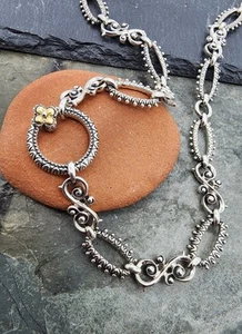 Sterling Silver 925 w 18k Barbara Bixby Flower Scroll 36" Chain Necklace Ag 2542 - Picture 1 of 14