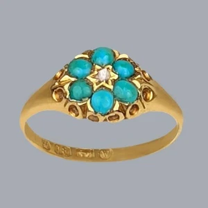 Antique Turquoise Diamond Ring Hallmarked 18ct Gold Birmingham 1921 Cluster Ring - Picture 1 of 5