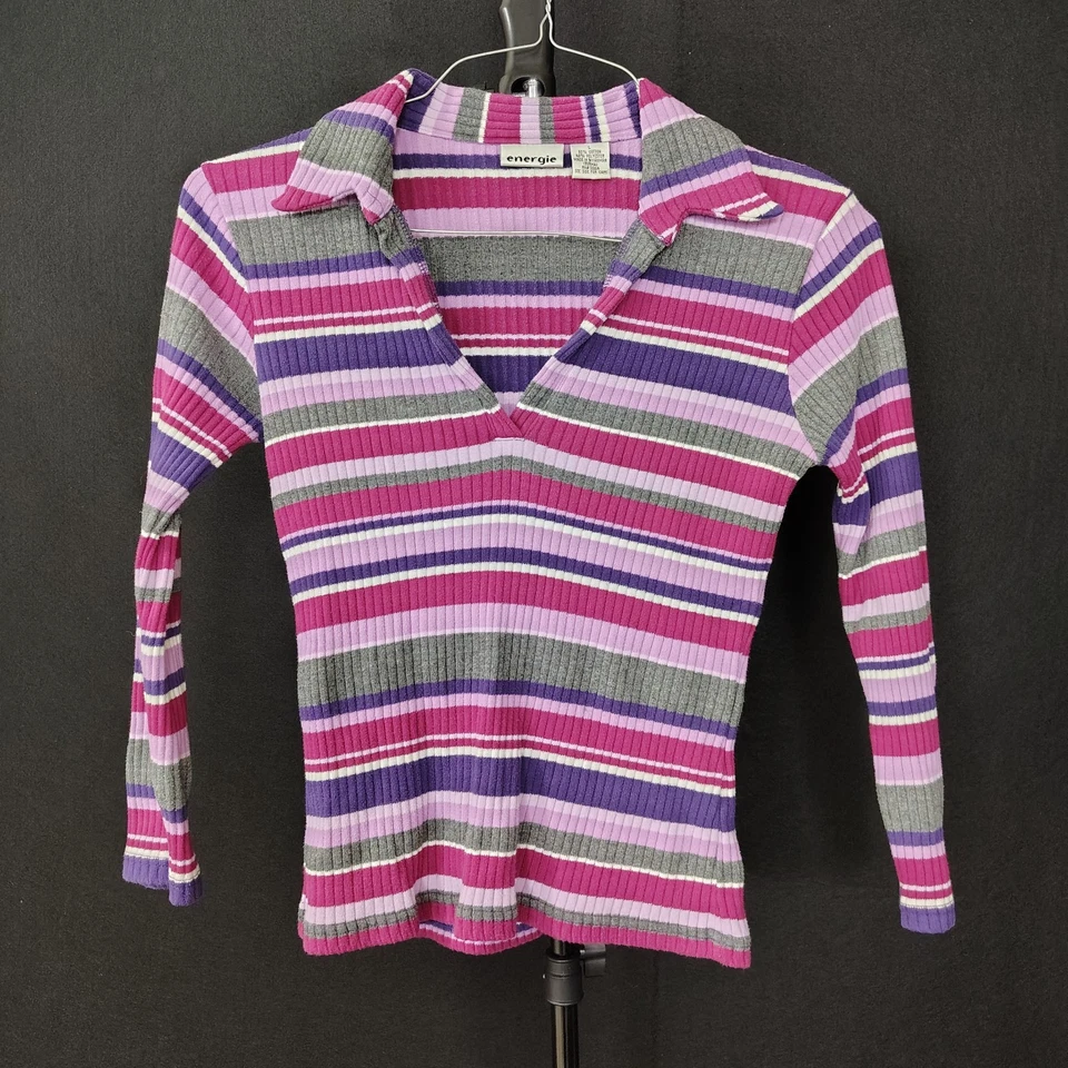 Camisa Polo Vintage Energie Para Mujer Y2K Rayas Talla L Púrpura Manga Larga Retro Foto 1 de 4