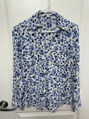 Camisa Express Portofino Blusa Floral Azul con Botones con Manga Redonda Para Mujer XS Foto 1 de 4
