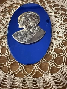 Sacred Heart of Jesus Blue Mirrored Glass Backing & Metal Head & Heart-Vintage - Picture 1 of 8