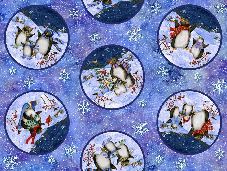 Fat Quarter Winter Wonderland Penguins Blue Circles Cotton Quilting Fabric - SPX