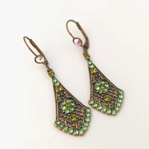 Michal Negrin Earrings Green Crystal Filigree Drop Romantic Victorian Revival - Picture 1 of 16
