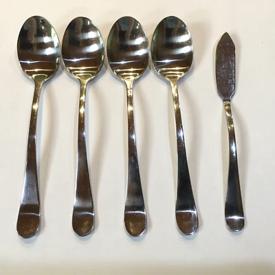 Stainless Steel Flatware 4 Soup Spoons And 1 Butter Knife Smooth Unbranded - Image 1 of 3