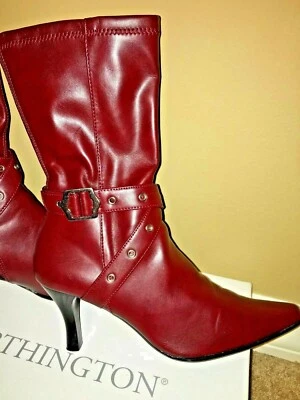 Talla 6.5 M Bota de Cuero Rojo con Cremallera y Hebilla Exterior Tacón 2"  Foto 1 de 4