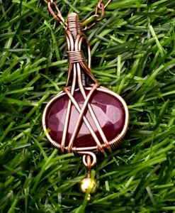 Kashmiri Ruby (Lab) Copper Wire Wrapped Handmade Jewelry Pendant Necklace - Picture 1 of 7