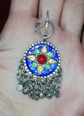 Fibule ancienne berbère Kabyle en argent émail, corail, Antique ethnique bijoux - Photo 1/4