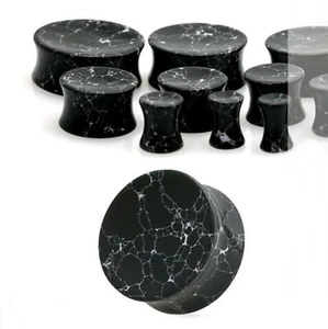 PAIR-Stone Howlite Black Concave Saddle Flare Ear Plugs 05mm/4 Gauge - Picture 1 of 4