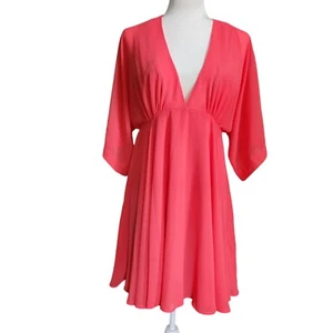 Forever 21 Front Deep V Flutter Sleeve Flowy Summer Dress Bright Coral Size L - Picture 1 of 15