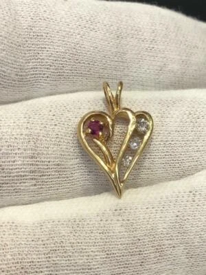 14k or Jaune Véritable Diamants & Rubis Rouge S Abstrait Ouvert Pendentif Coeur - Photo 1/4