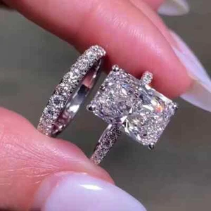 4TCW Radiant Cut Moissanite Bridal Set Engagement Ring In 14K White Gold Plated - Picture 1 of 11