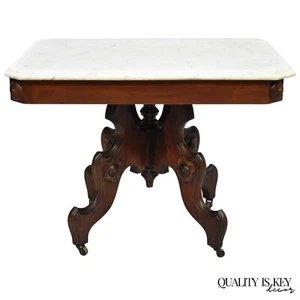 Antique Eastlake Victorian Small Marble Top Pedestal Base Coffee Table w/ Drawer - Picture 1 of 12