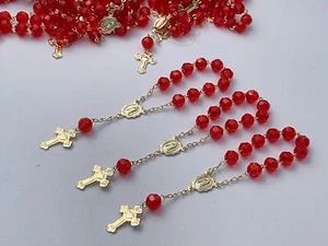 25 Pc Mini Rosary GOLD  PLATED RED Baptism Favors/ Recuerdos De Bautizo Rojos - Picture 1 of 7