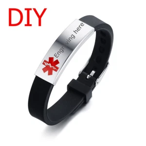 Men Women Medical Alert ID Bracelet Adjustable Black Silicone Wristband Bangle - Picture 1 of 28