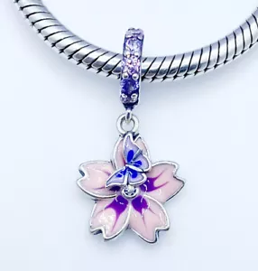 Butterfly On Flower Dangle Charm Pendant Genuine 925 Sterling Silver π - Picture 1 of 11