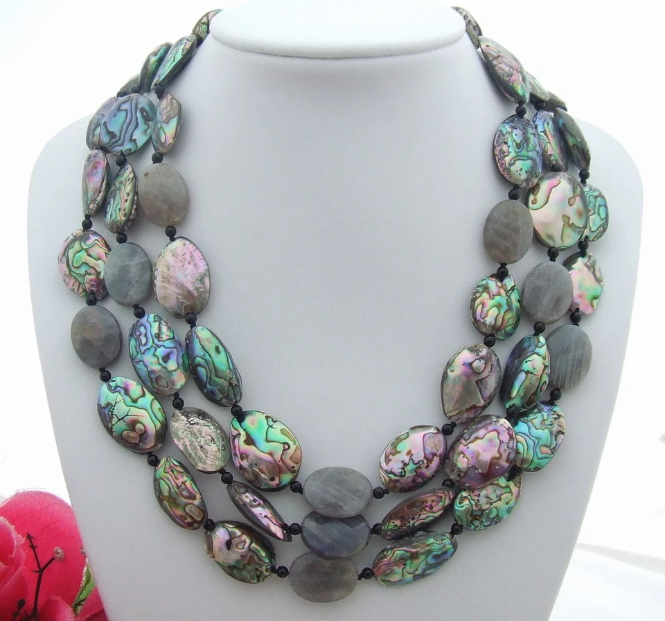 FC051009 3Steds Natural Paua Abalone Shell Oval Labradorite Onyx Necklace 19" - Image 1 of 3