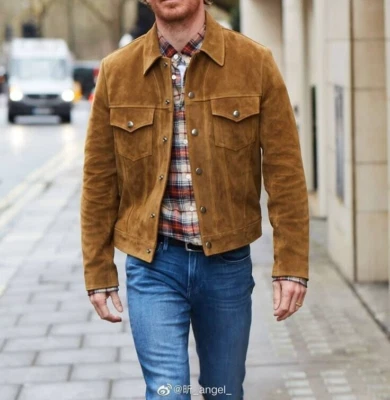 Men Brown Pure Suede Leather Jacket Slim Fit Trucker Jacket Custom Size S M L XL - Image 1 of 3