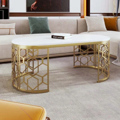Modern Oval Coffee Table – White Gloss Top with Gold Metal Frame for Living Room - Image 1 of 4