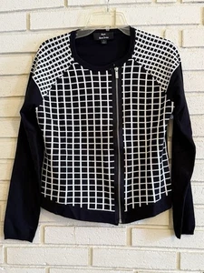 Maglione Dennis Basso bianco e nero stampa quadri full off center zip taglia small - Foto 1 di 5