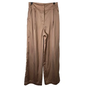 Pantalones House of Harlow 1960 pierna ancha satinado M beige tiro alto cintura elástica - Imagen 1 de 5