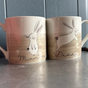 Next Home Mugs Mummy Daddy Bunny Cups Beige Brown New Parents Gift - Picture 1 of 12