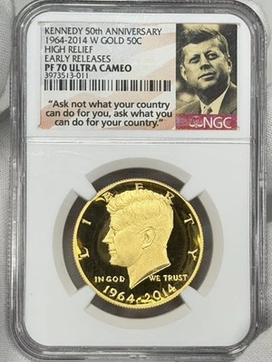 2014-W GOLD Kennedy Half Dollar NGC PF 70 PR 70 UCAM HIGH RELIEF EARLY RELEASE - Image 1 of 4