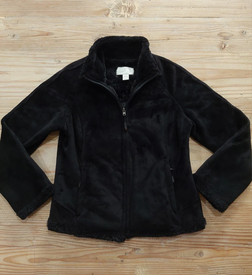 Зеленый чай куртка женщины средний черный искусственного меха плюшевая молния спереди длинным рукавом - Изображение 1 из 4