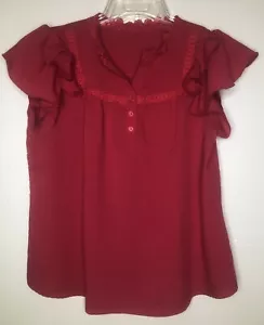 Top rojo con volantes XL botones encaje pulóver manga corta cuello en V línea A drapeado - Imagen 1 de 5