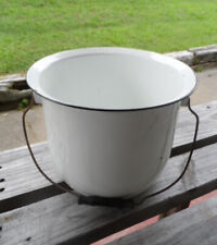 Vintage Enamel Ware Chamber Pot Bucket White Black Trim Handle Wood & Metal
