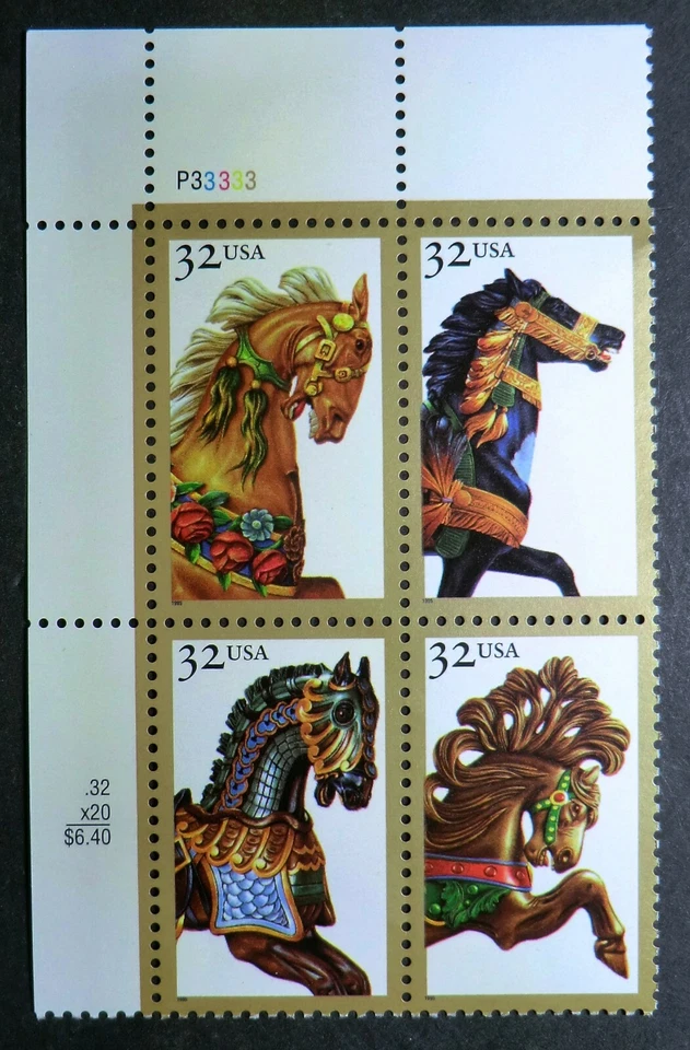 2976 - 2979 MNH 1995 32c Carousel Horses PB Folk Art carnival rides festivals - Image 1 of 1