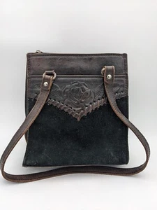 Brown Tooled Leather & Suede Handbag Made In Paraguay With American West Fabric - Picture 1 of 17