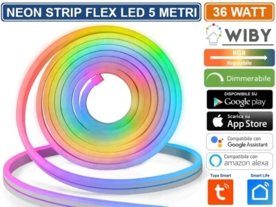 Striscia LED Neon RGB Flessibile 5M 12V Colorata DC24V App IP67 Gommata - Immagine 1 di 4
