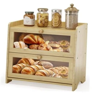 Double Layer Bread Box for Kitchen Countertop, Large Breadbox Natural Bamboo - Picture 1 of 7