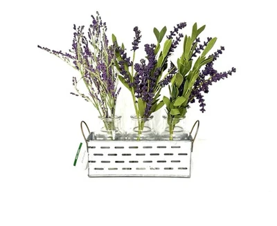 Rustic Galvanized Tray with 3 Glass Milk Bottles & Faux Lavender Decor - Image 1 of 4