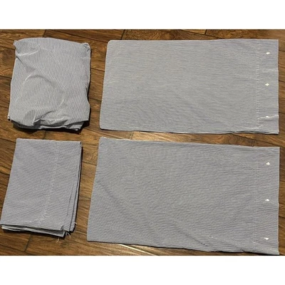 Vintage Ralph Lauren Blue White Stripe TWIN Sheet Set Flat Fitted 2 Shams *FLAW* - Image 1 of 4