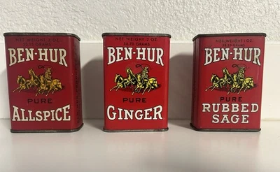 Ben-Hur Vintage Spices 3 Tins Lot Ginger Allspice Rubbed Sage 2 oz Red - Image 1 of 4