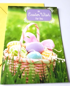 Tarjeta de felicitación sello de Pascua deseo de Pascua para ti huevos en rosa cesta blanca - Imagen 1 de 3