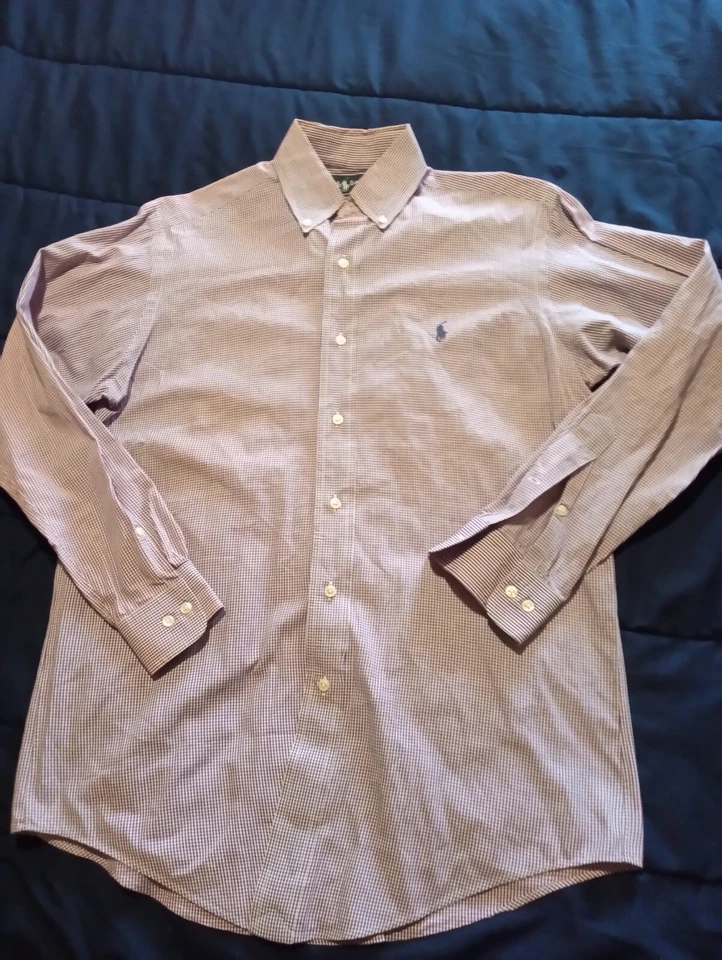 Ralph Lauren 14.5 - 32 33 雅茅斯棉紫色方格衬衫纽扣 — 第 1/4 张图片