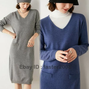 Damen Winter Kaschmirmischung Pullover Kleid Pulli warm V-Ausschnitt Strickpullover - Bild 1 von 16
