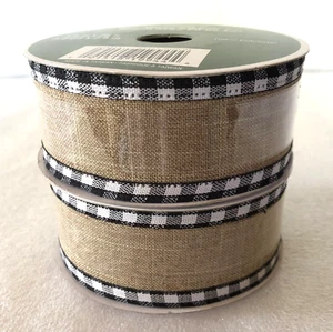 Lot of 2 Linen Wired Ribbon Black White Buffalo Plaid Edges 25 Ft 1.5" Wide - Picture 1 of 8