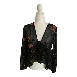Papaya Black Floral Top Women M Medium Sheer Long Sleeve - Picture 1 of 4
