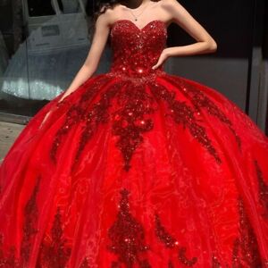 Red Organza Sweet 16 Quinceanera Dresses Sequins Applique Beaded Prom Party Gown