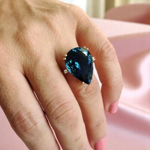 Anillo de compromiso oro amarillo de 18 quilates 20,10 quilates diamante corte pera topacio azul Londres - Imagen 1 de 14
