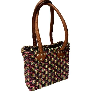 Vtg 60's WOVEN BAMBOO Hand Bag MULTICOLOR Purse HIPPIE Leather Handle TOTE - Image 1 of 4