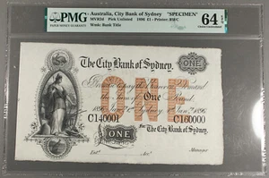 Australia Bank of Sydney 1896 1 Pound Specimen Note PMG CU64 Choice UNC CU - Picture 1 of 2