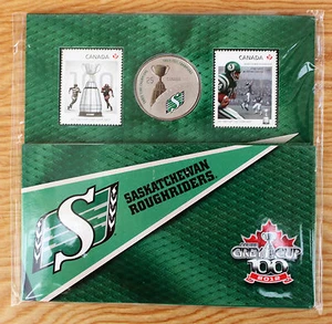 2012 Saskatchewan Roughriders Grey Cup Canada Commemorative Quarter & Two Stamps - Picture 1 of 2