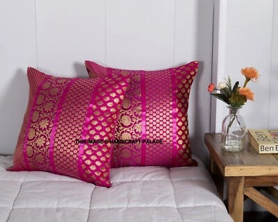 Cushion Cover Silk Brocade Pillow Case Indian Throw Pillow Handmade Decor 16x16" - Image 1 of 3